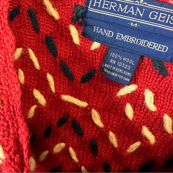Vintage Herman Geist 100% Wool Red Brown Tan Hand Embroidered Cardigan Size M - Picture 11 of 13